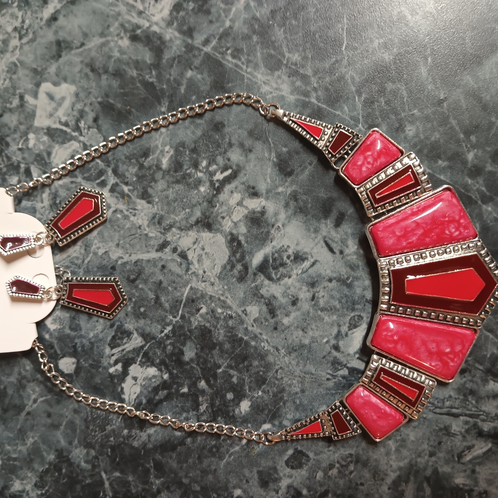 Silver and Red Geometric Necklace and Earring Set